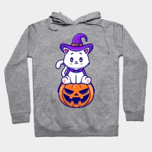 Cute Cat Witch Sitting On Pumpkin Cartoon Hoodie